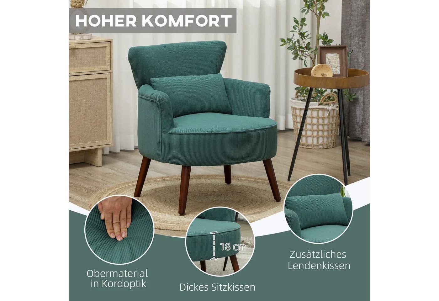 HOMCOM Sessel Dunkelgrün mit Rückenlehne und Holzbeinen - Bild 5