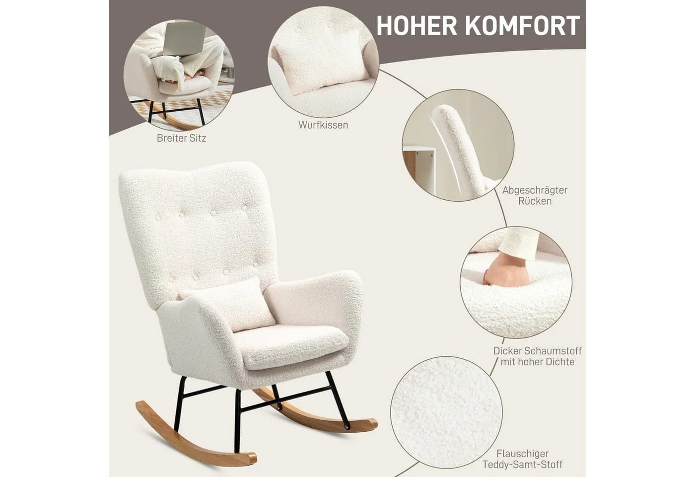 HOMCOM Schaukelstuhl mit Armlehne Teddystoff Cremeweiß - Bild 5