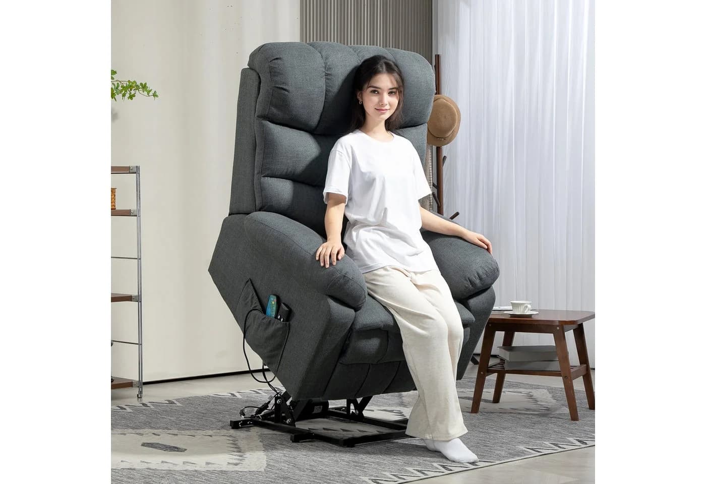 HOMCOM Relaxsessel mit Liegefunktion, Fußteil, Seitentasche, Fernbedienung, Massagesessel mit Leinenoptik, elektrisch, Fernsehsessel mit Aufstehhilfe, für Wohnzimmer, bis 150 kg, Kunstleder, Dunkelgrau - Bild 2
