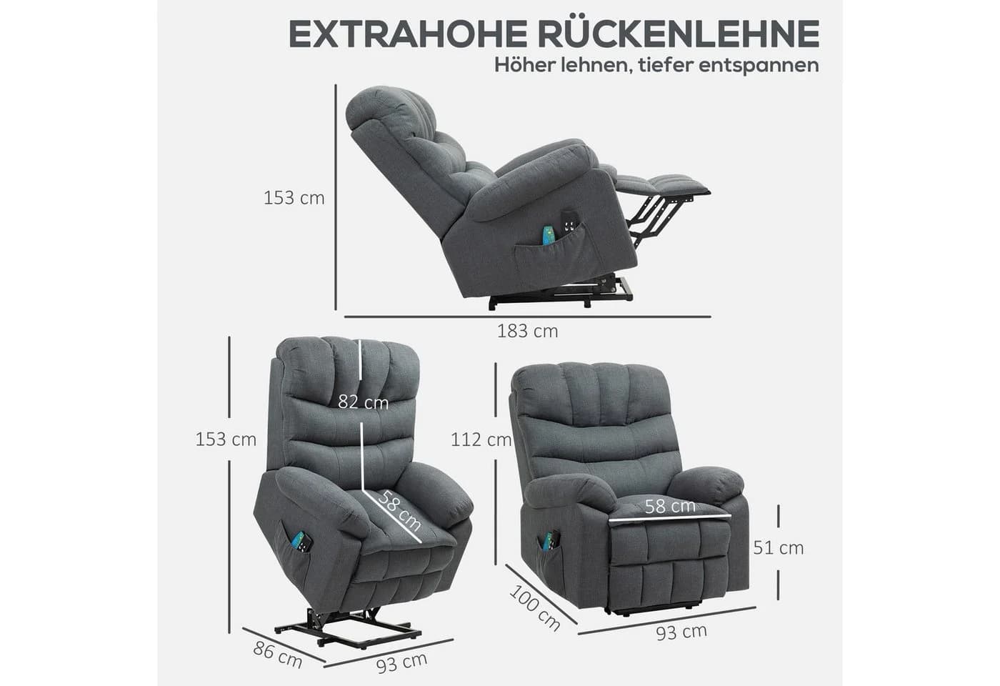 HOMCOM Relaxsessel mit Liegefunktion, Fußteil, Seitentasche, Fernbedienung, Massagesessel mit Leinenoptik, elektrisch, Fernsehsessel mit Aufstehhilfe, für Wohnzimmer, bis 150 kg, Kunstleder, Dunkelgrau - Bild 3