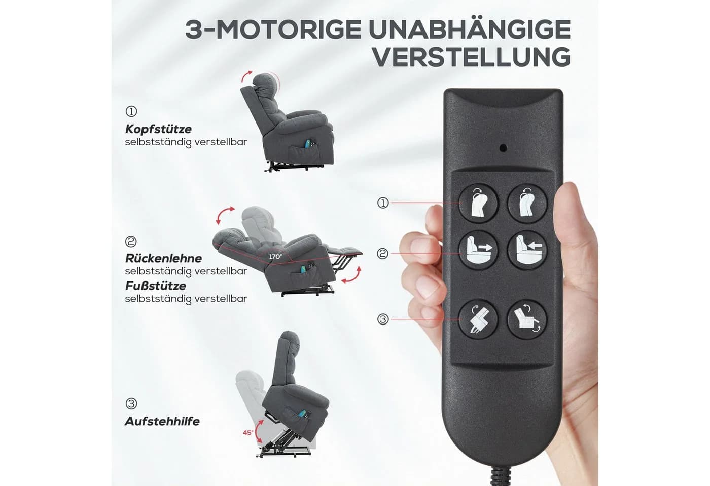 HOMCOM Relaxsessel mit Liegefunktion, Fußteil, Seitentasche, Fernbedienung, Massagesessel mit Leinenoptik, elektrisch, Fernsehsessel mit Aufstehhilfe, für Wohnzimmer, bis 150 kg, Kunstleder, Dunkelgrau - Bild 4