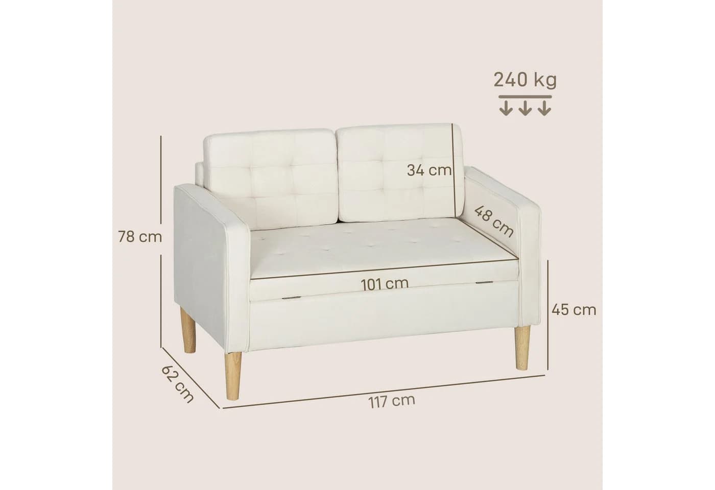 HOMCOM 2-Sitzer Sofa mit Stauraum Cremeweiß - Bild 3