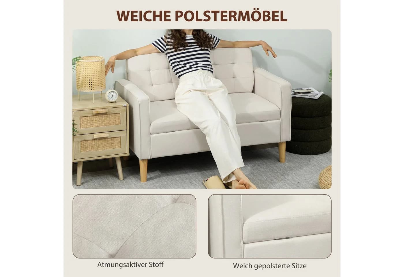 HOMCOM 2-Sitzer Sofa mit Stauraum Cremeweiß - Bild 5
