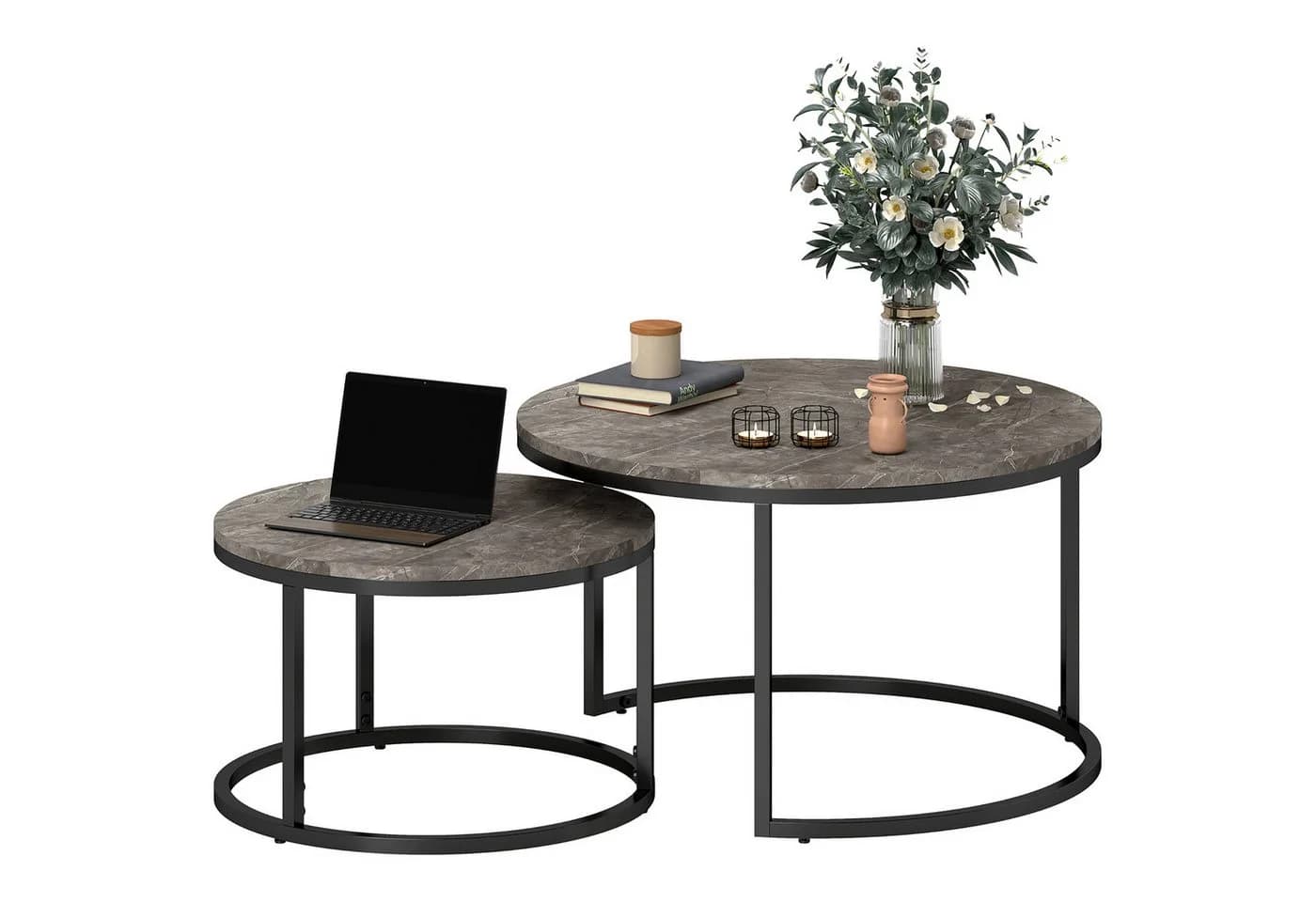 HOMCOM Couchtisch 2er-Set Grau Marmoroptik Metallgestell Stapelbar