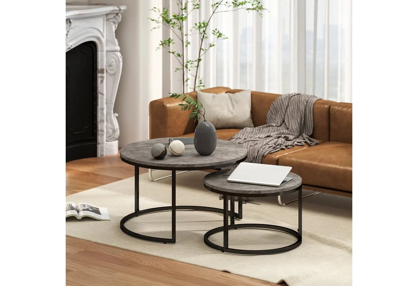 HOMCOM Couchtisch 2er-Set Grau Marmoroptik Metallgestell Stapelbar - Bild 2