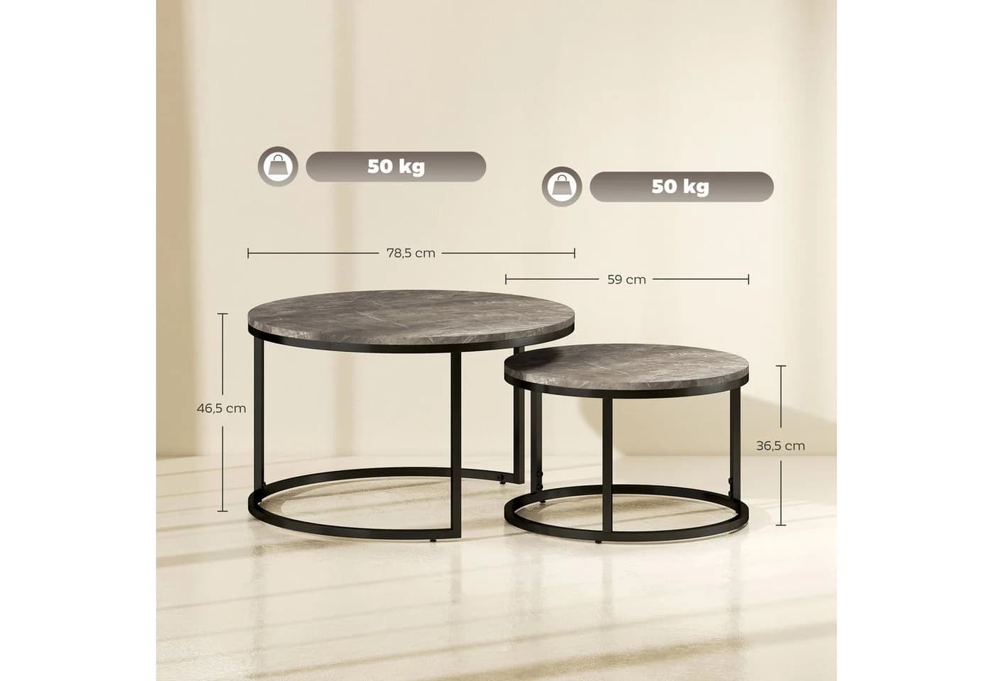 HOMCOM Couchtisch 2er-Set Grau Marmoroptik Metallgestell Stapelbar - Bild 3