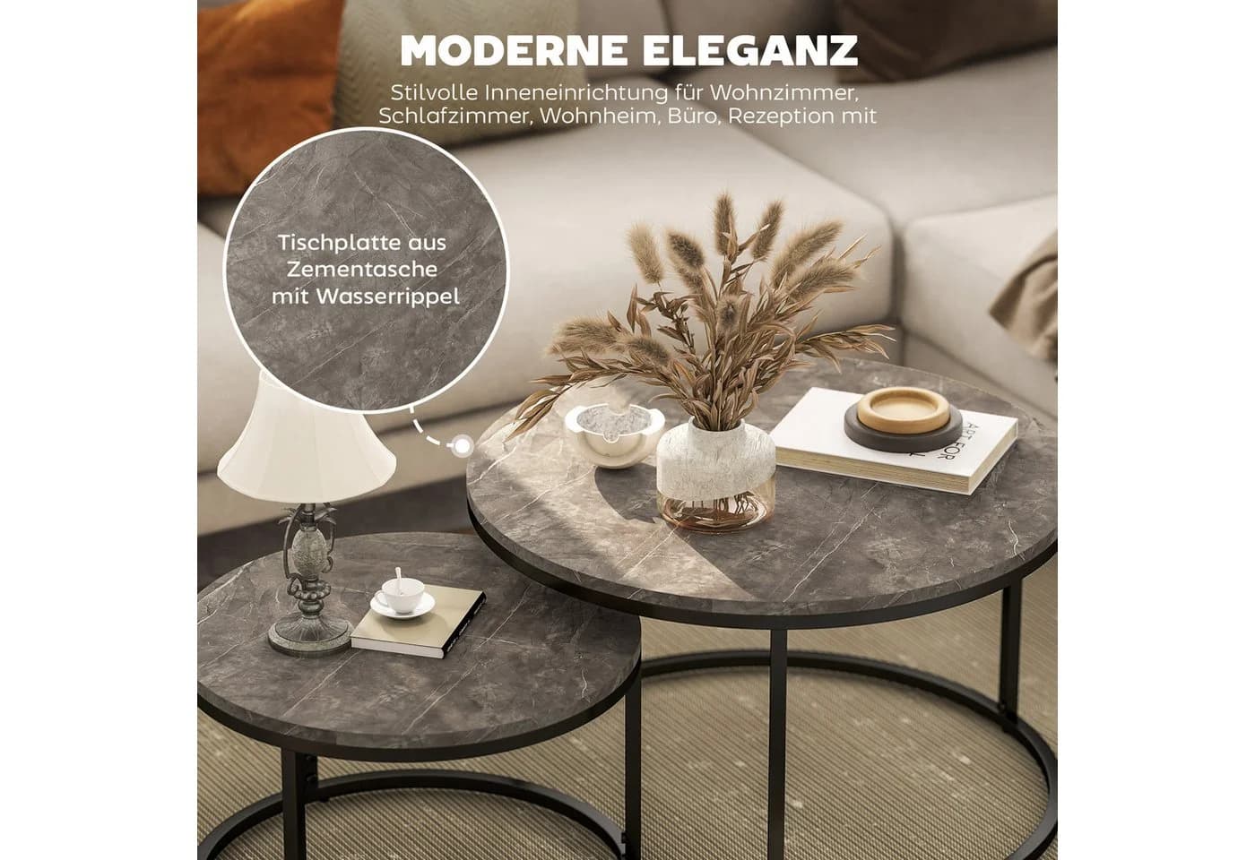 HOMCOM Couchtisch 2er-Set Grau Marmoroptik Metallgestell Stapelbar - Bild 4