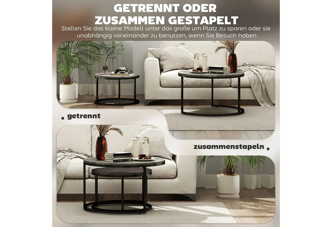 HOMCOM Couchtisch 2er-Set Grau Marmoroptik Metallgestell Stapelbar - Bild 5