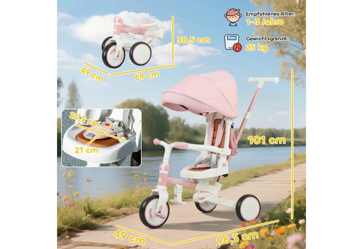 AIYAPLAY Kinderdreirad Rosa 5-in-1 mit Sonnendach - Bild 3