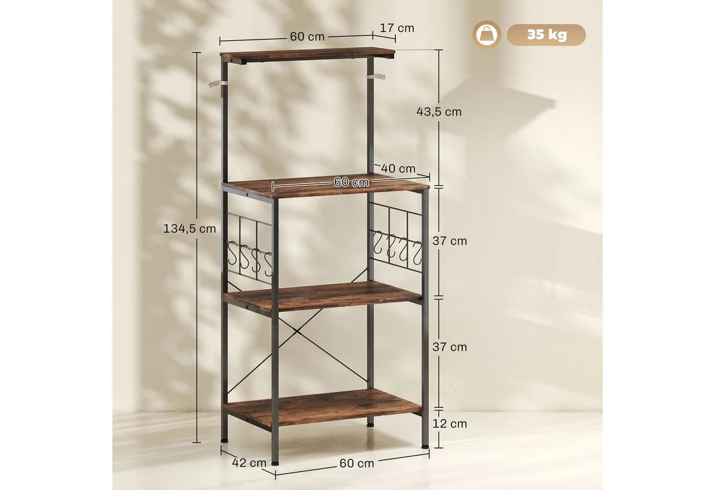 HOMCOM Küchenregal 4-stufiges Design Arbeitsplatte 8 Haken Bäckerregal Metallrahmen Rustikal-Braun - Bild 3