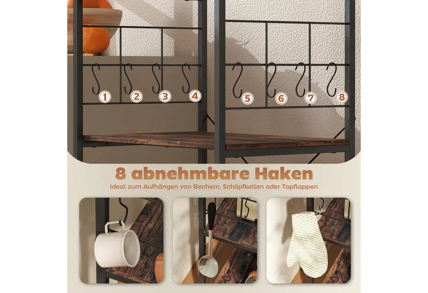 HOMCOM Küchenregal 4-stufiges Design Arbeitsplatte 8 Haken Bäckerregal Metallrahmen Rustikal-Braun - Bild 5