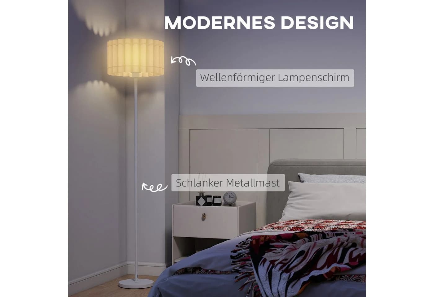 HOMCOM Stehlampe Weiß E27 Fassung Wellenschirm Stehleuchte - Bild 3