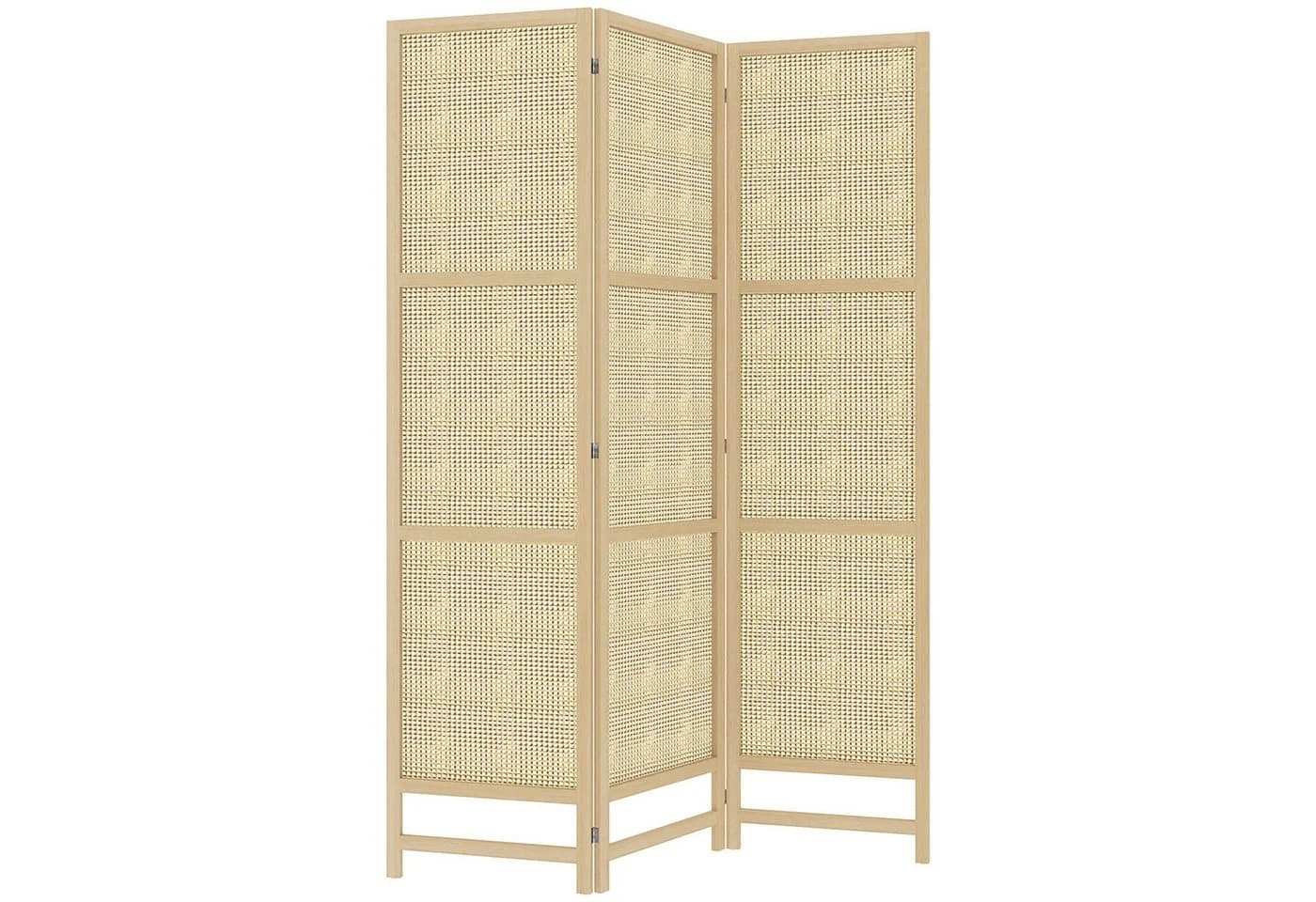 HOMCOM Paravent 3-teilig Naturholz Kunststoff-Rattan Raumteiler