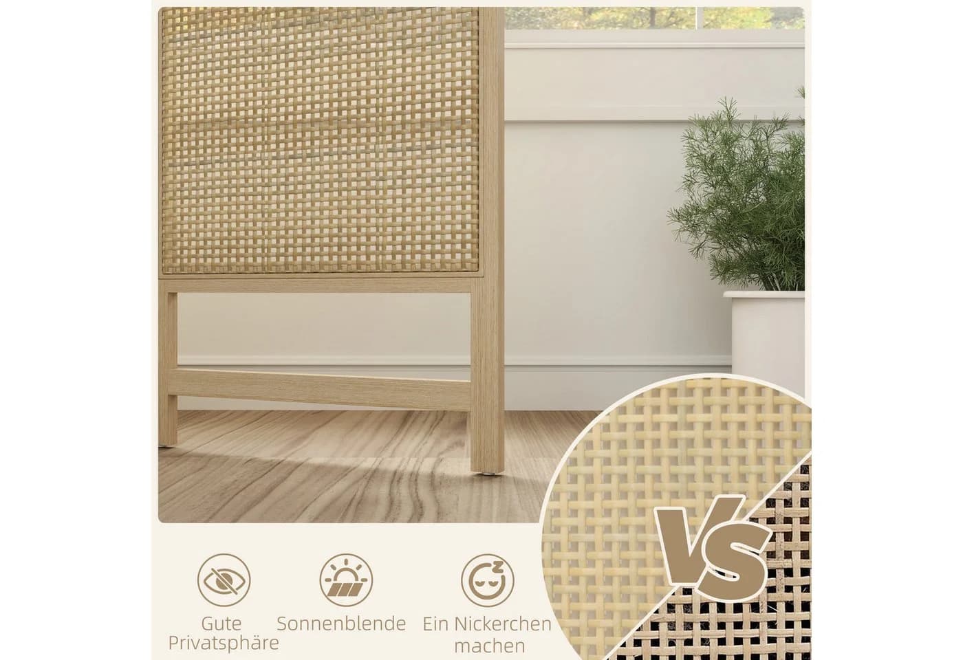 HOMCOM Paravent 3-teilig Naturholz Kunststoff-Rattan Raumteiler - Bild 5