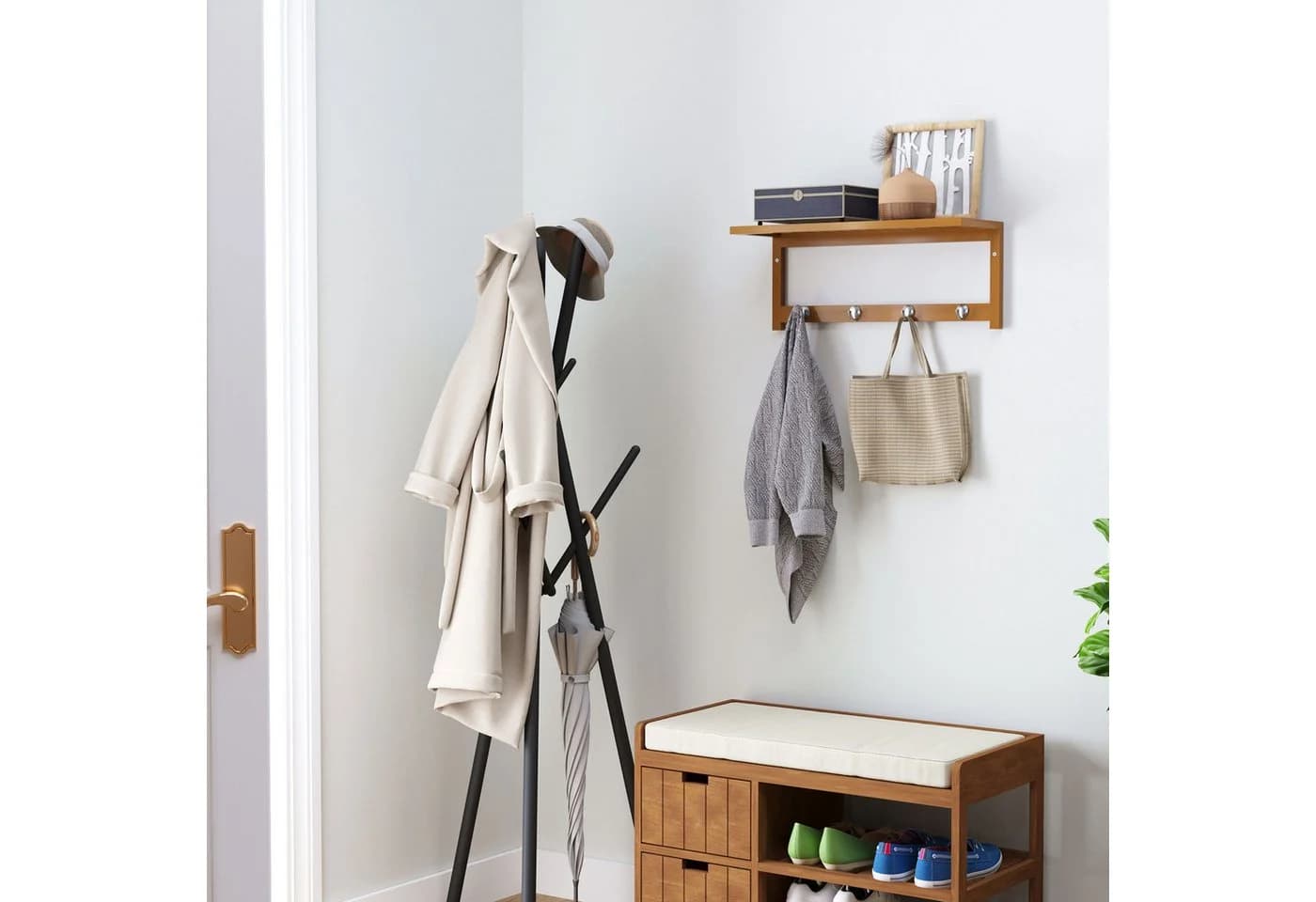 HOMCOM Garderobenleiste mit 4 Haken Wandgarderobe Naturholz - Bild 2