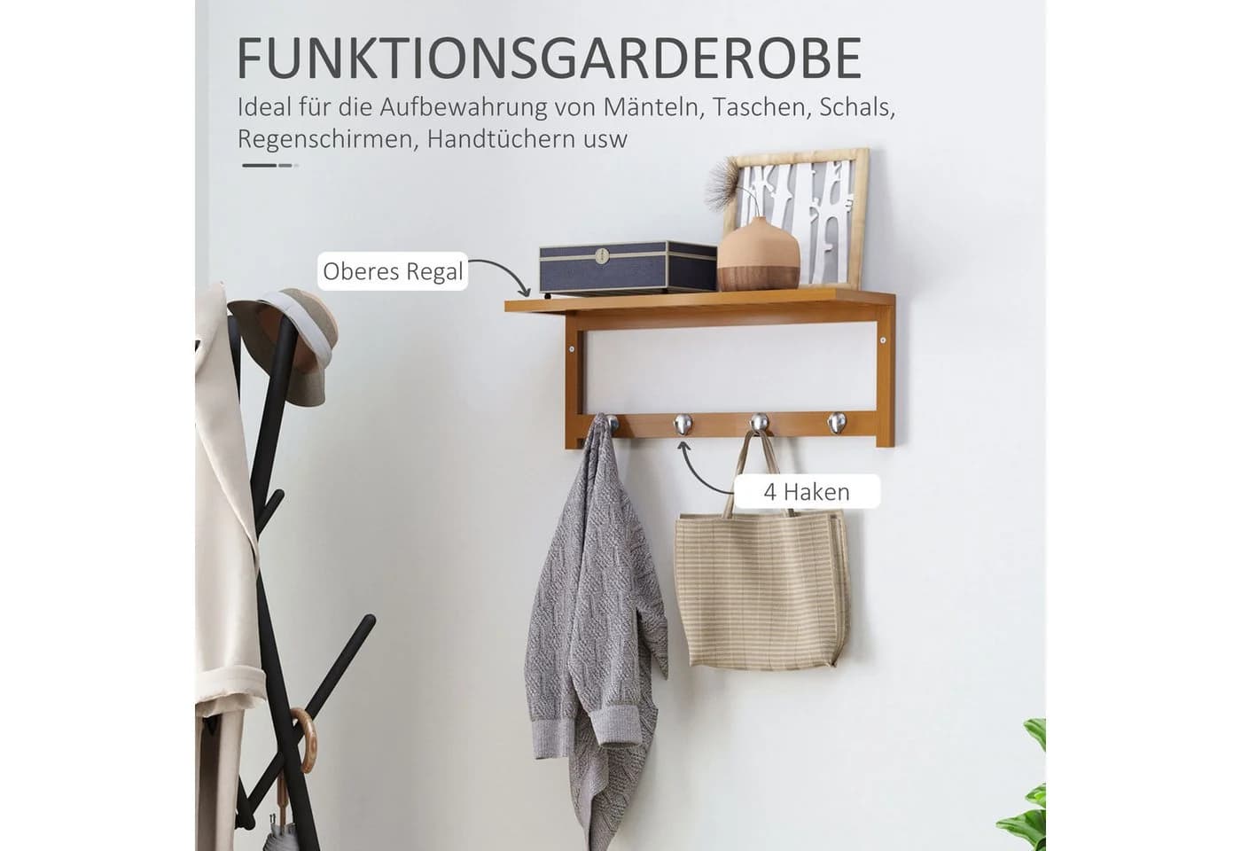 HOMCOM Garderobenleiste mit 4 Haken Wandgarderobe Naturholz - Bild 4