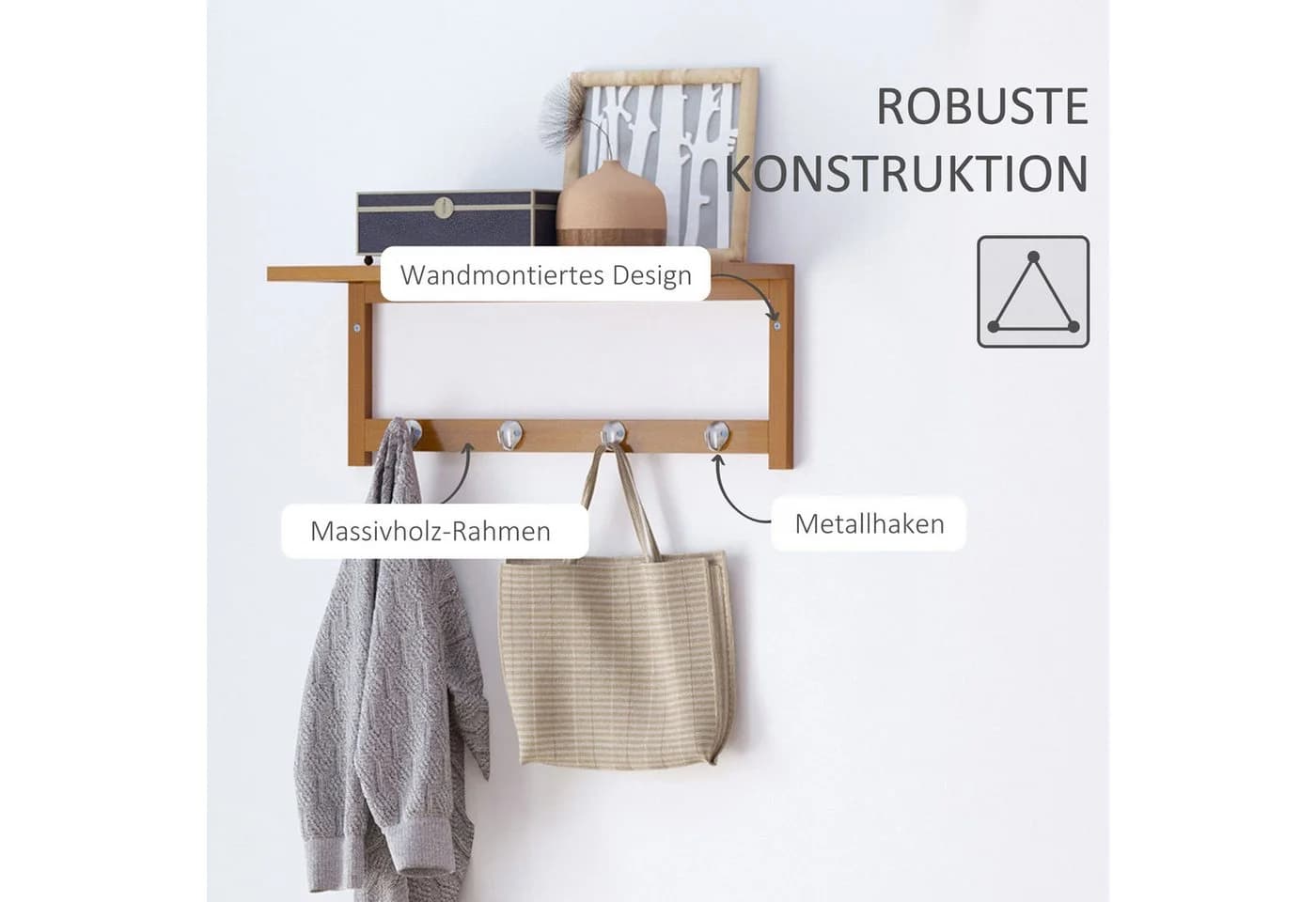 HOMCOM Garderobenleiste mit 4 Haken Wandgarderobe Naturholz - Bild 5