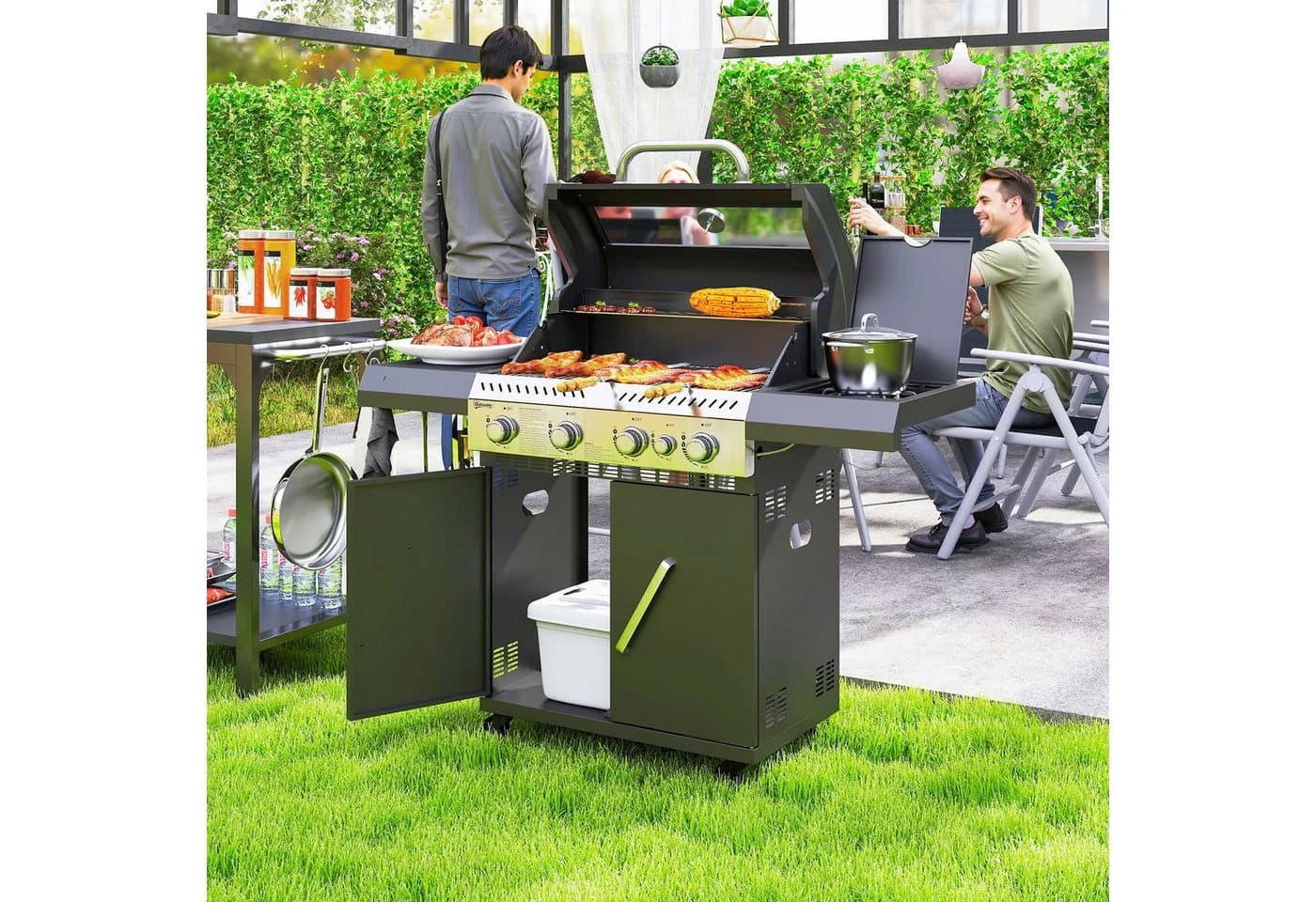 Outsunny Gasgrill 5 Brenner Schwarz mit Seitenkocher & Stauraum - Bild 2