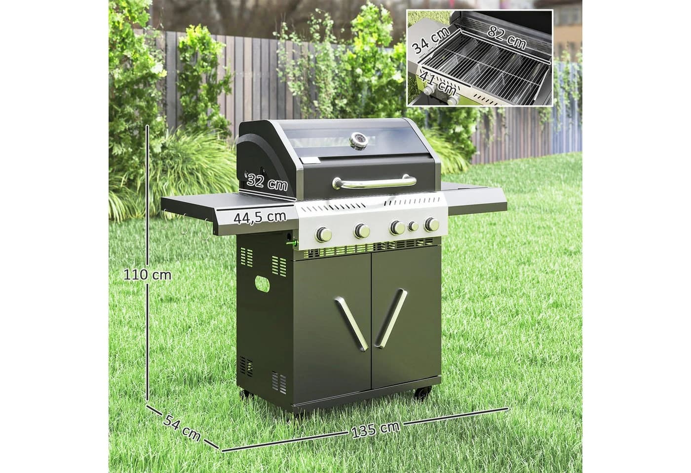 Outsunny Gasgrill 5 Brenner Schwarz mit Seitenkocher & Stauraum - Bild 3