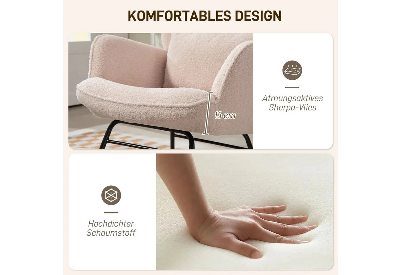 HOMCOM Schaukelsessel Gepolstert Beige mit Kissen und Fußhocker - Bild 5