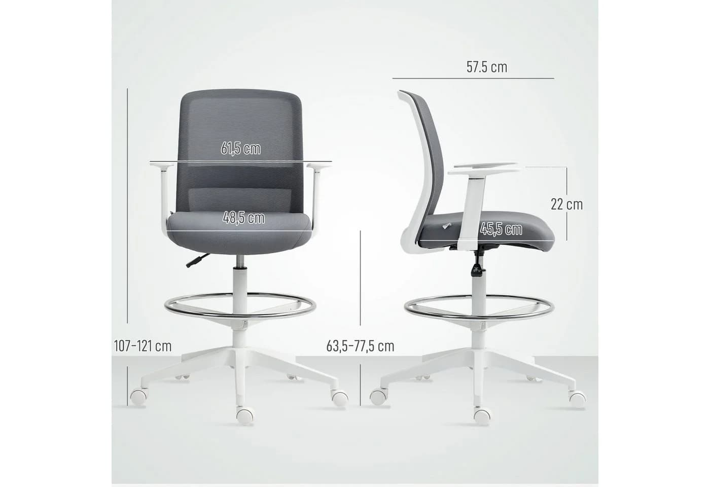 HOMCOM Schreibtischstuhl Bürostuhl Netzrücken Schaumstoffkissen Grau - Bild 3