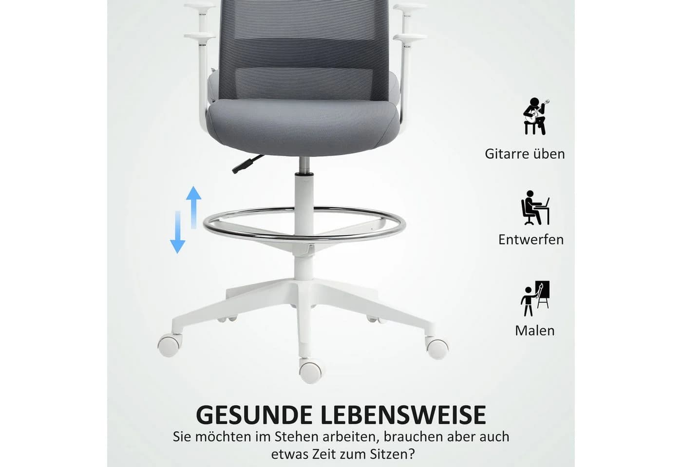 HOMCOM Schreibtischstuhl Bürostuhl Netzrücken Schaumstoffkissen Grau - Bild 4