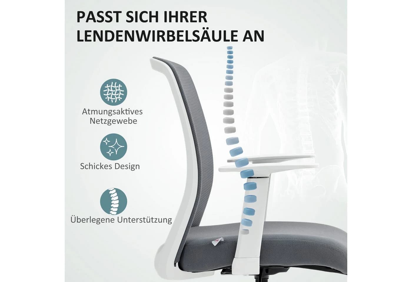 HOMCOM Schreibtischstuhl Bürostuhl Netzrücken Schaumstoffkissen Grau - Bild 5