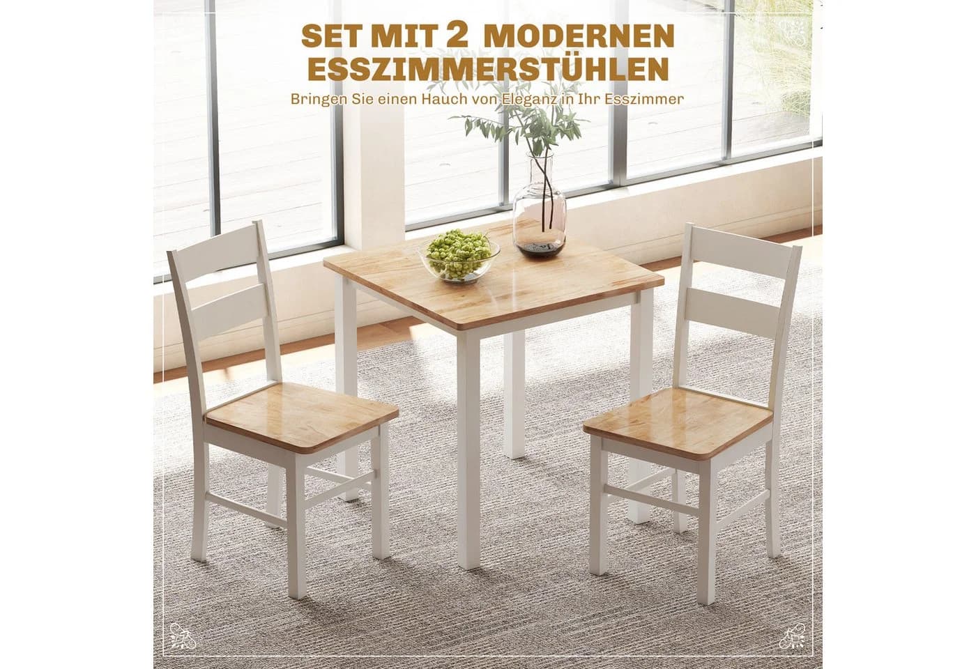 HOMCOM Esstisch-Essstuhl-Set 3-tlg. Kautschukholz Eiche/Weiß - Bild 4