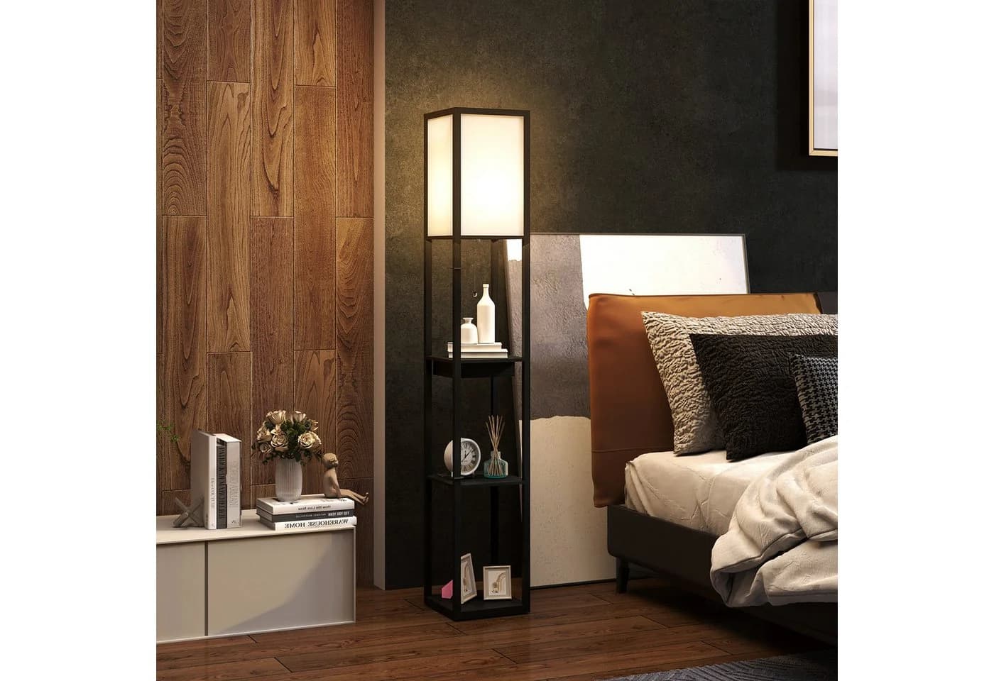 HOMCOM Stehlampe Modern Schwarz/Weiß mit USB, Steckdose & Stauraum