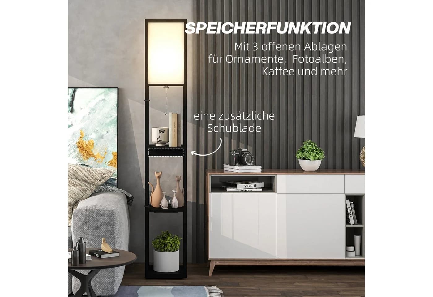 HOMCOM Stehlampe Modern Schwarz/Weiß mit USB, Steckdose & Stauraum - Bild 5