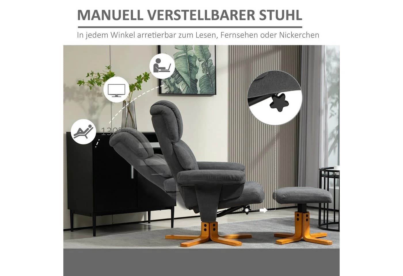 HOMCOM Relaxsessel mit Liegefunktion und Hocker Dunkelgrau - Bild 4