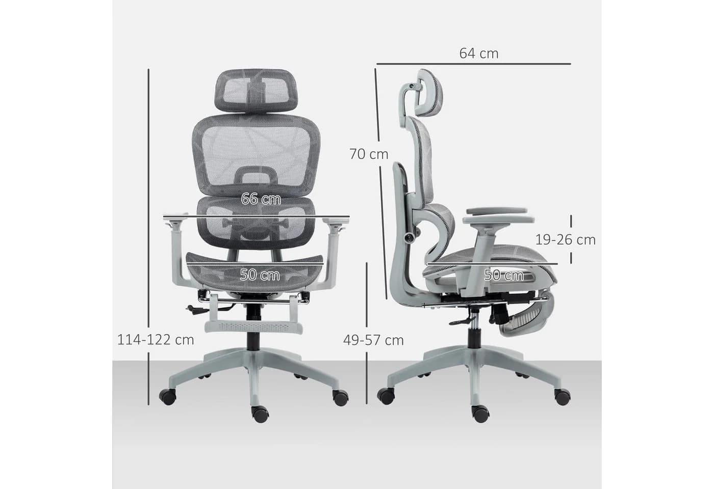 HOMCOM Bürostuhl Höhenverstellbarer Mesh Drehstuhl mit Armlehne, Kopfstütze, Grau - Bild 3