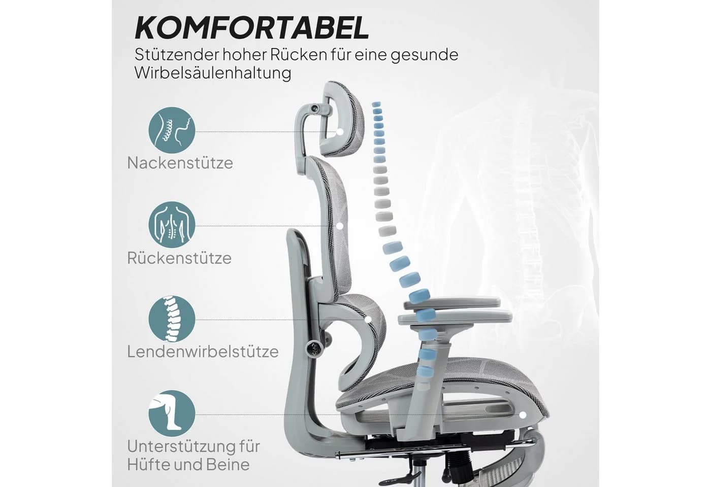 HOMCOM Bürostuhl Höhenverstellbarer Mesh Drehstuhl mit Armlehne, Kopfstütze, Grau - Bild 4