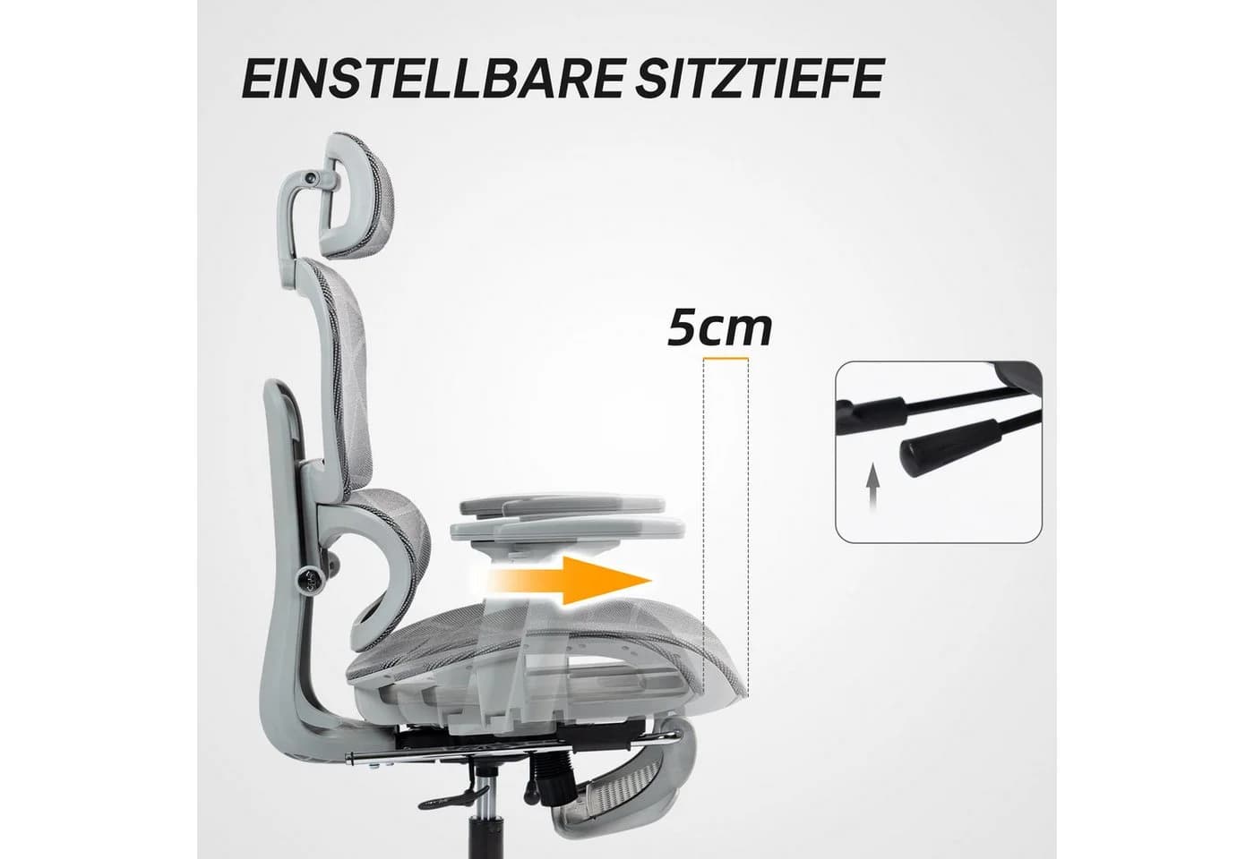 HOMCOM Bürostuhl Höhenverstellbarer Mesh Drehstuhl mit Armlehne, Kopfstütze, Grau - Bild 5