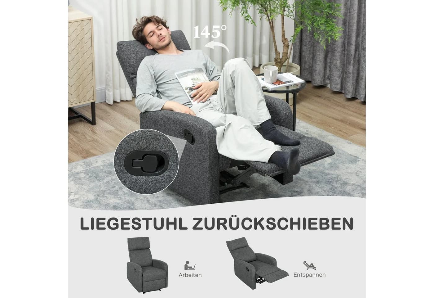 HOMCOM Relaxsessel Fernsehsessel Liegesessel mit Liegefunktion, Verstellbarer Rückenlehne, Dunkelgrau - Bild 4