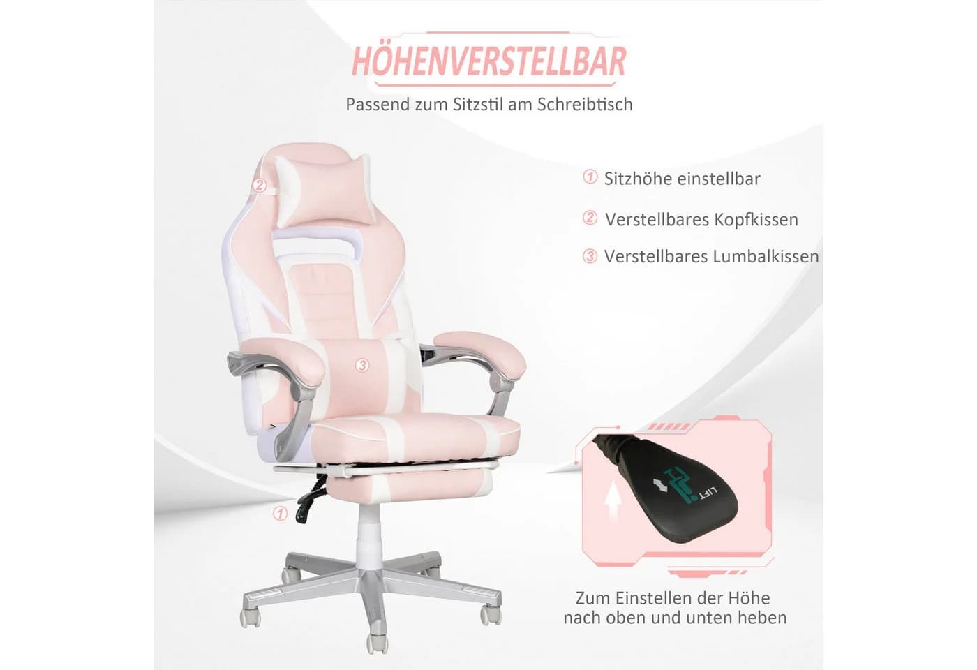 HOMCOM Gamingstuhl Kunstleder Rosa mit Fußstütze - Bild 4