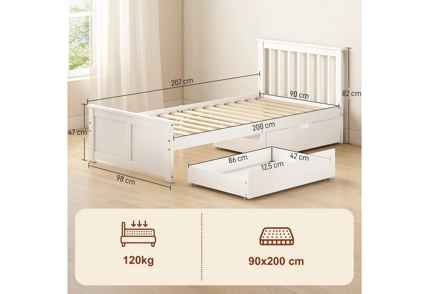 HOMCOM Bettgestell für Matratze 200 x 90 cm Einzelbettrahmen 1-tlg. Bettrahmen aus Holz für Schlafzimmer Weiß - Bild 3