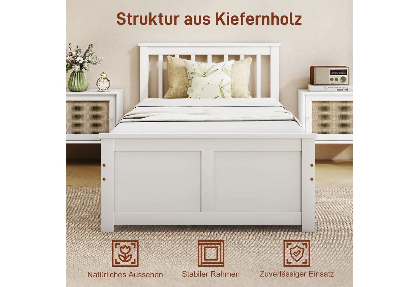 HOMCOM Bettgestell für Matratze 200 x 90 cm Einzelbettrahmen 1-tlg. Bettrahmen aus Holz für Schlafzimmer Weiß - Bild 4