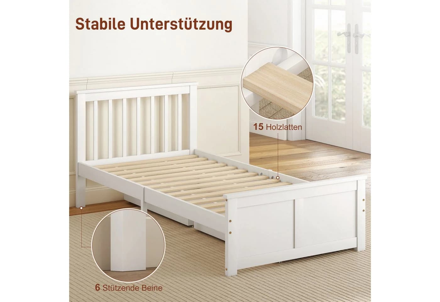 HOMCOM Bettgestell für Matratze 200 x 90 cm Einzelbettrahmen 1-tlg. Bettrahmen aus Holz für Schlafzimmer Weiß - Bild 5