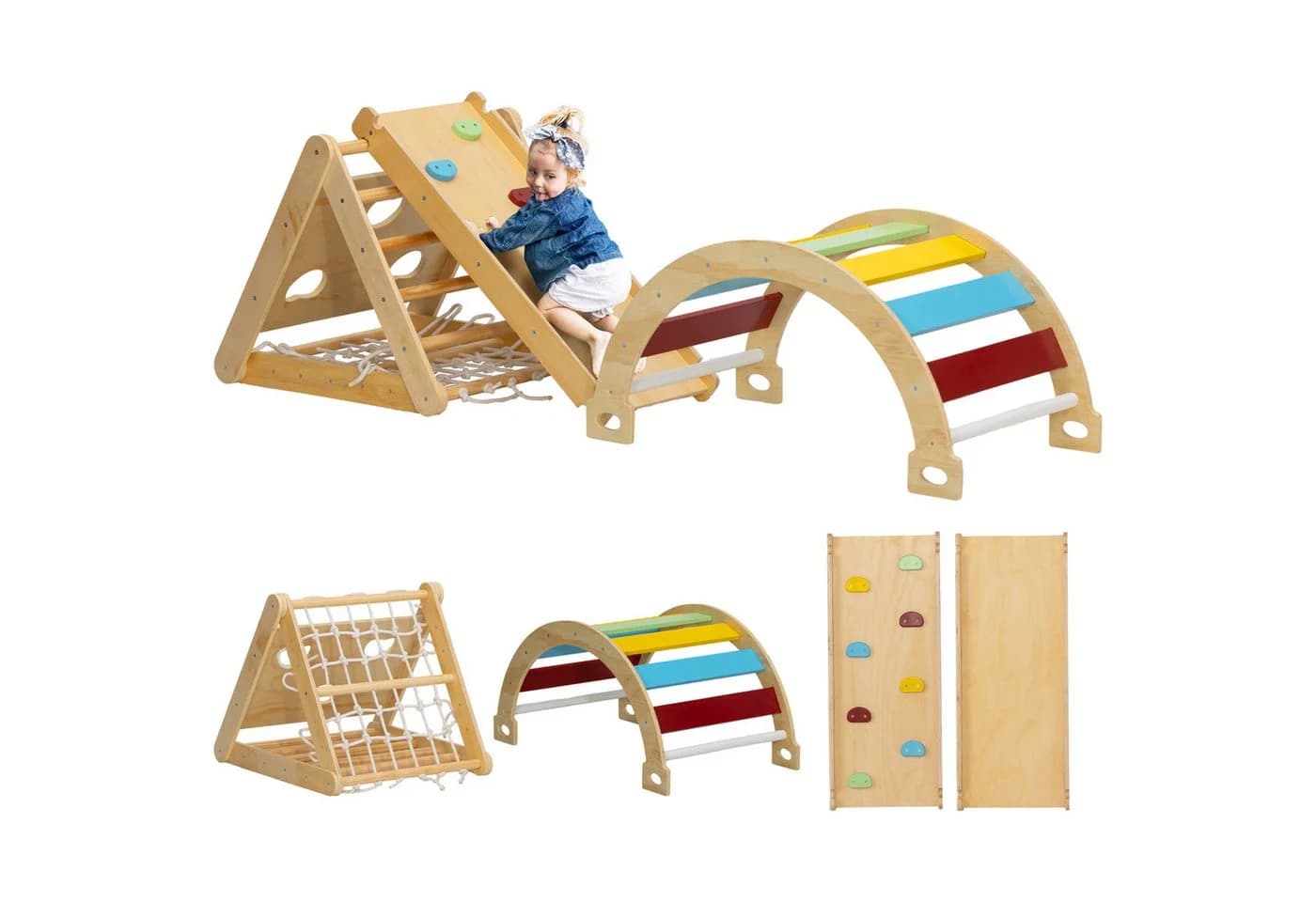 AIYAPLAY Klettergerüst mit Rutsche, Kletterbogen, Rampe, Kletternetz, Kletterstein, 7 in 1 Kletterdreieck, Indoor Spielplatz aus Holz, für Kinder von 1,5-4 Jahre, Mehrfarbig