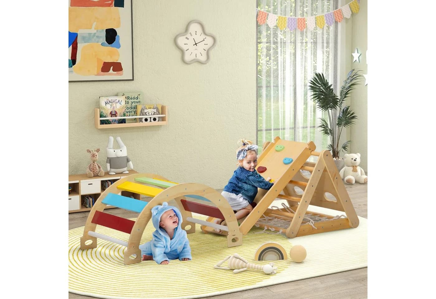 AIYAPLAY Klettergerüst mit Rutsche, Kletterbogen, Rampe, Kletternetz, Kletterstein, 7 in 1 Kletterdreieck, Indoor Spielplatz aus Holz, für Kinder von 1,5-4 Jahre, Mehrfarbig - Bild 2