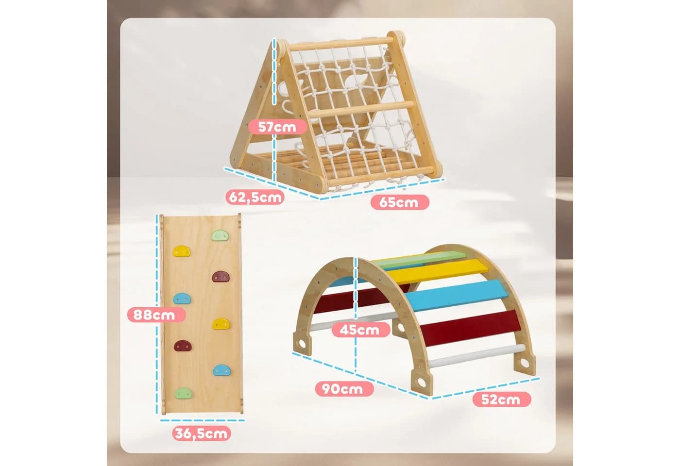 AIYAPLAY Klettergerüst mit Rutsche, Kletterbogen, Rampe, Kletternetz, Kletterstein, 7 in 1 Kletterdreieck, Indoor Spielplatz aus Holz, für Kinder von 1,5-4 Jahre, Mehrfarbig - Bild 3