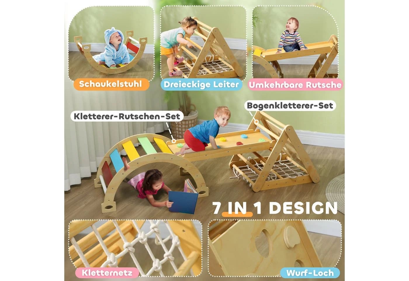 AIYAPLAY Klettergerüst mit Rutsche, Kletterbogen, Rampe, Kletternetz, Kletterstein, 7 in 1 Kletterdreieck, Indoor Spielplatz aus Holz, für Kinder von 1,5-4 Jahre, Mehrfarbig - Bild 4