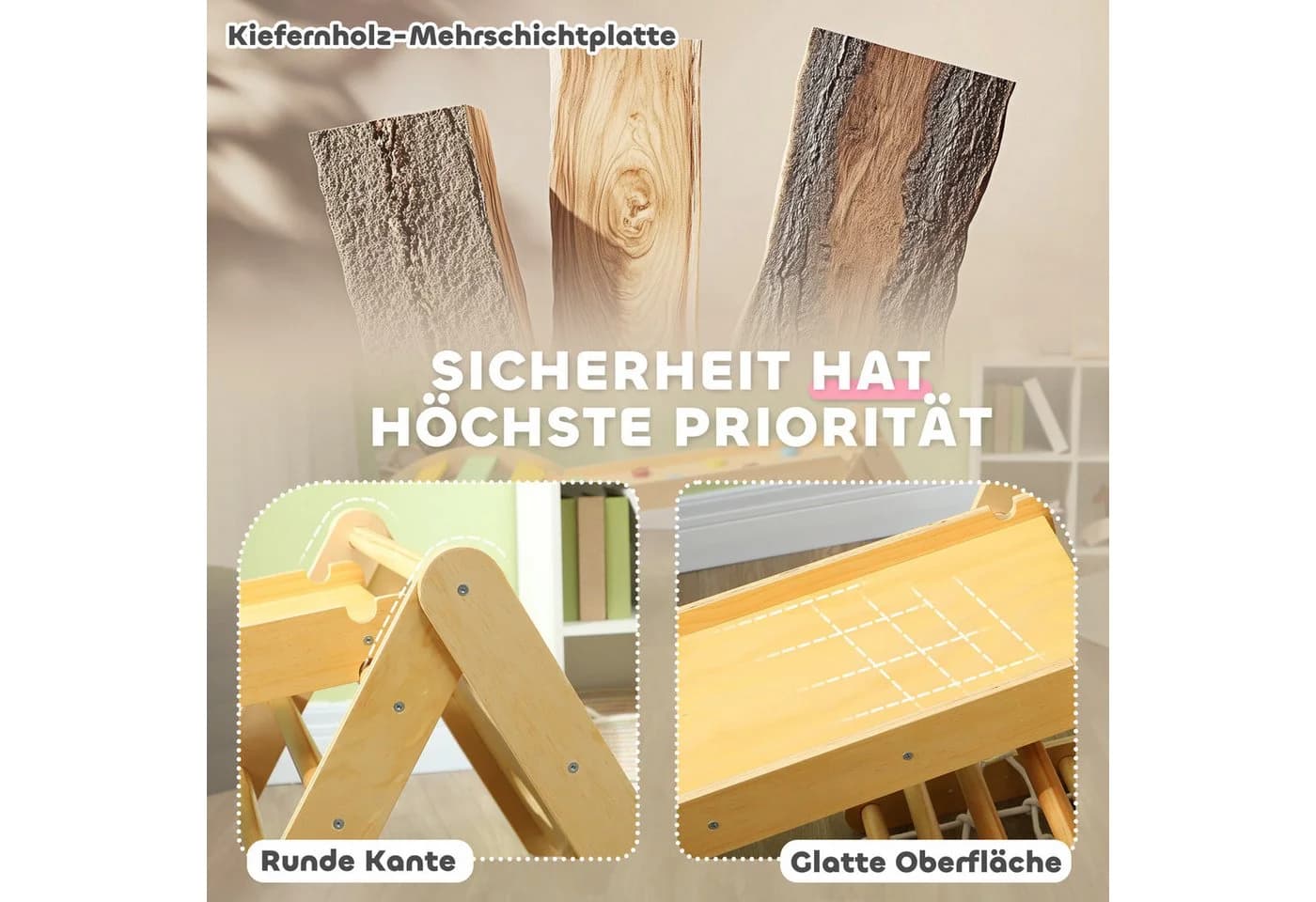 AIYAPLAY Klettergerüst mit Rutsche, Kletterbogen, Rampe, Kletternetz, Kletterstein, 7 in 1 Kletterdreieck, Indoor Spielplatz aus Holz, für Kinder von 1,5-4 Jahre, Mehrfarbig - Bild 5