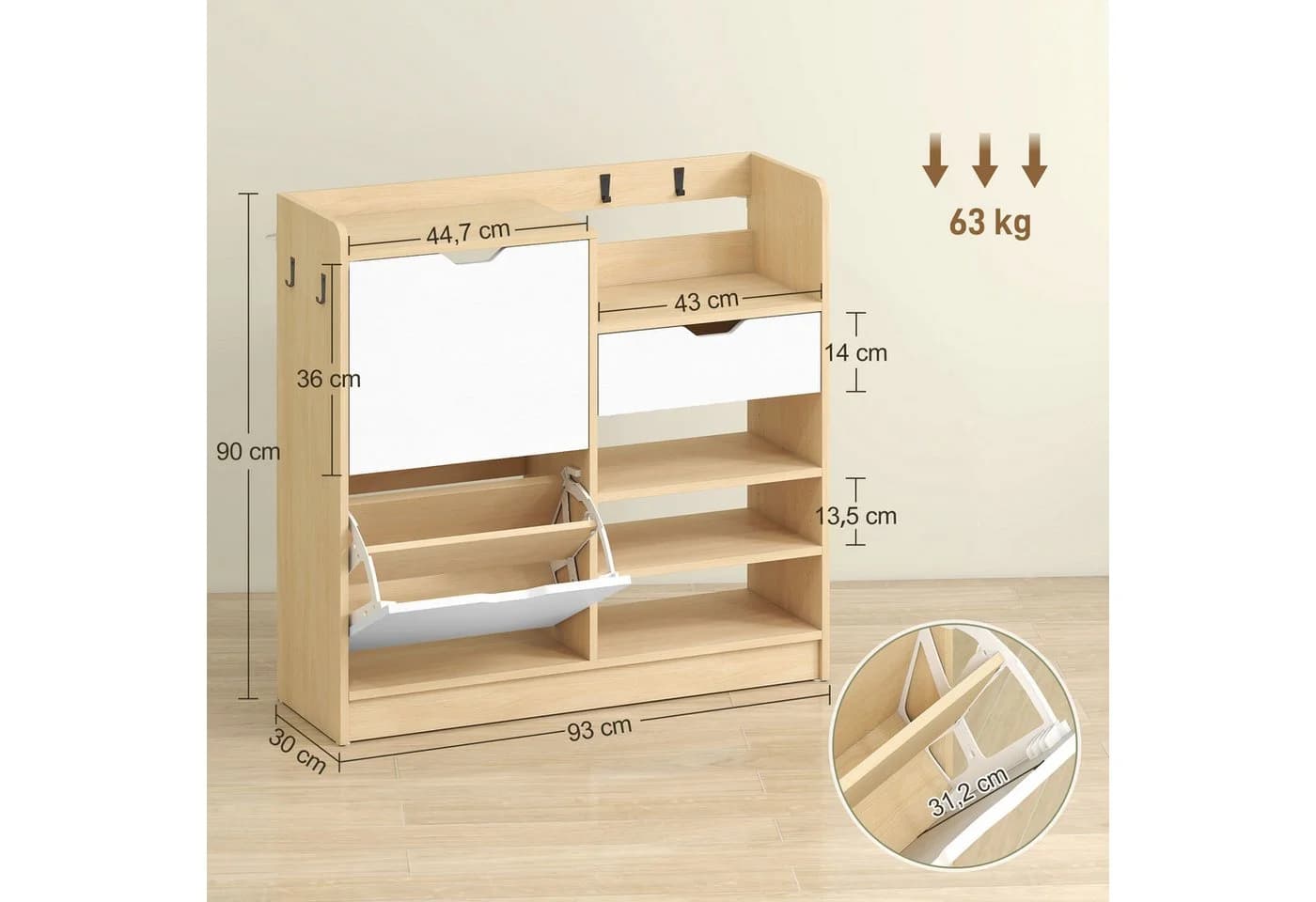 HOMCOM Schuhkipper Schmal Weiß mit Klappen und Schubladen - Bild 3