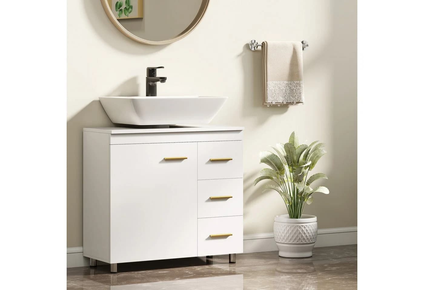 HOMCOM Waschbeckenunterschrank Weiß mit Soft-Close & Schubladen - Bild 2