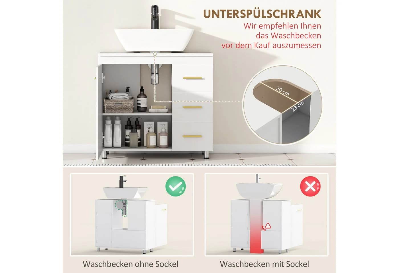 HOMCOM Waschbeckenunterschrank Weiß mit Soft-Close & Schubladen - Bild 4