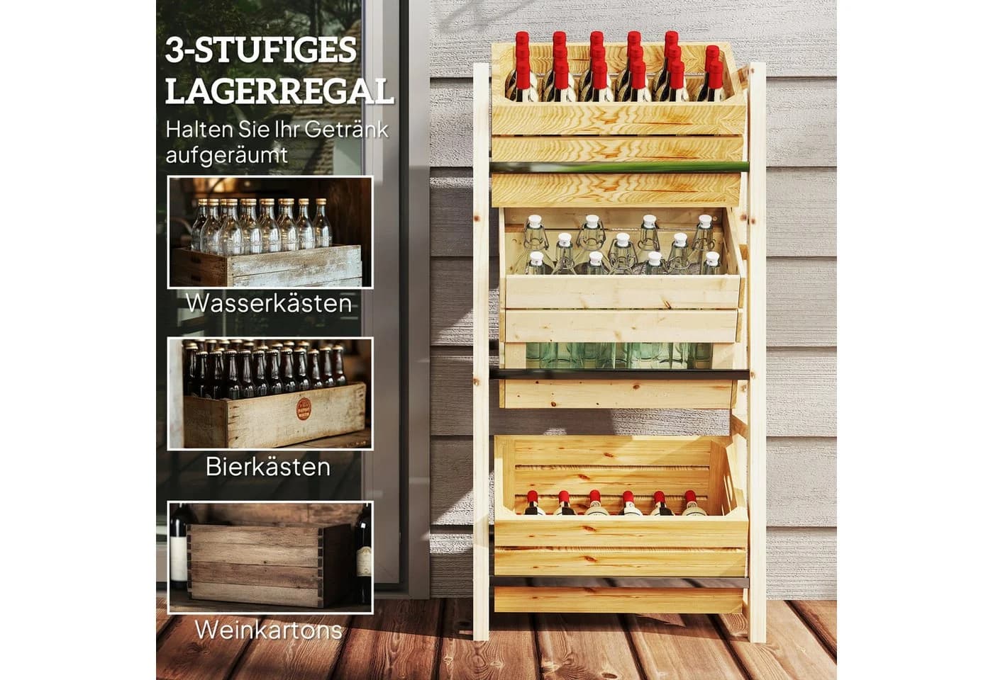 Outsunny Weinregal für 3 Getränkekisten Naturholz - Bild 4