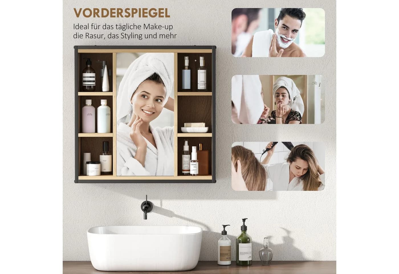 HOMCOM Spiegelschrank mit Spiegel, 6 offenen Fächern, Eiche - Bild 4