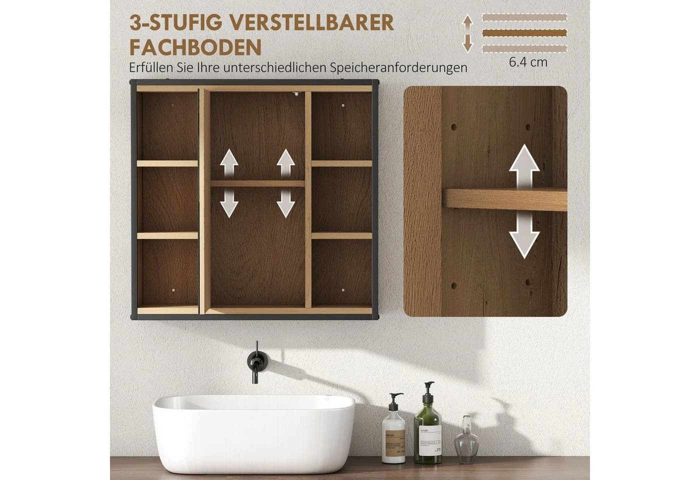 HOMCOM Spiegelschrank mit Spiegel, 6 offenen Fächern, Eiche - Bild 5